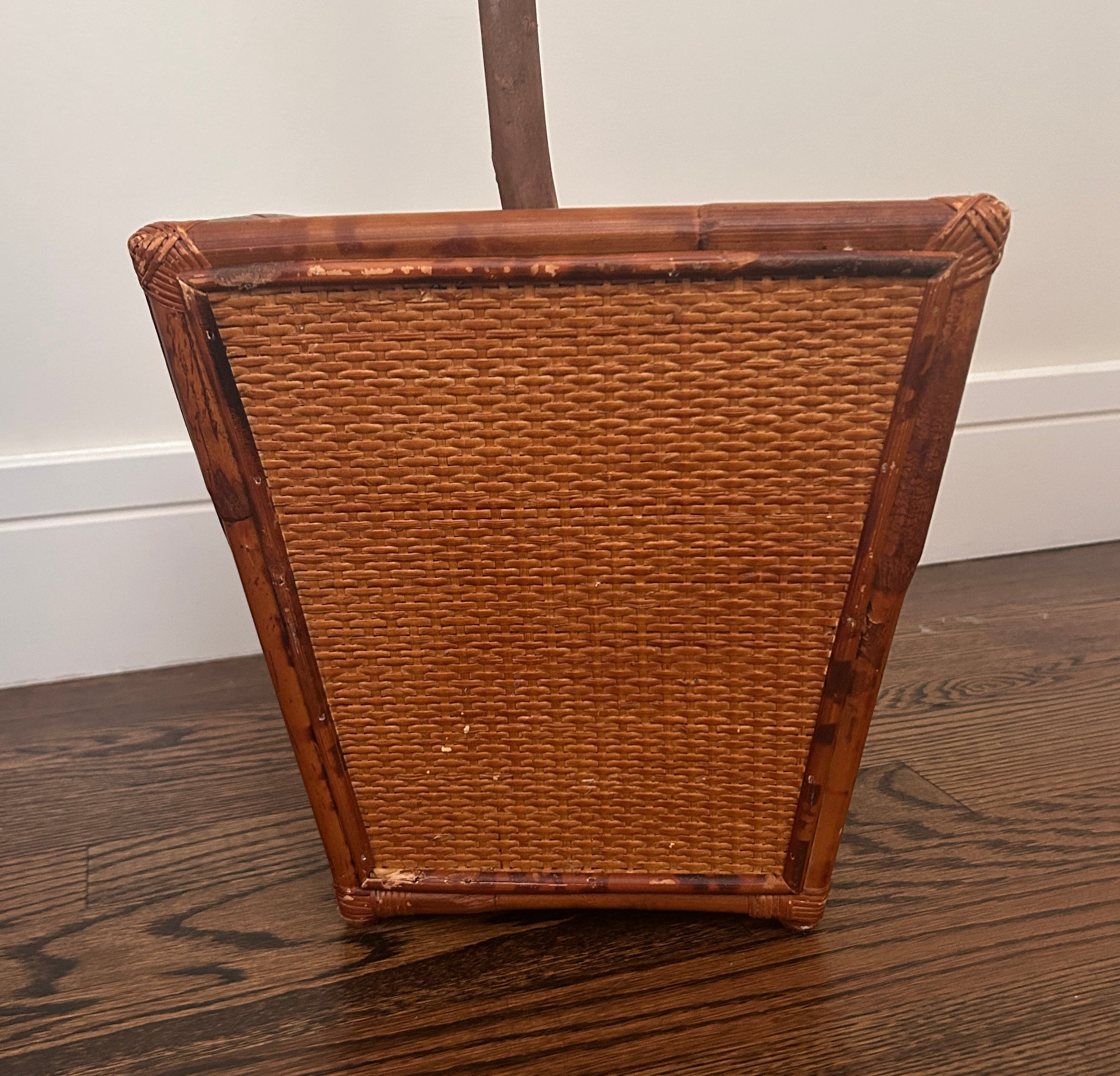 Vintage "Tortoise Shell" Faux Burnt Bamboo Planter / Wastebasket