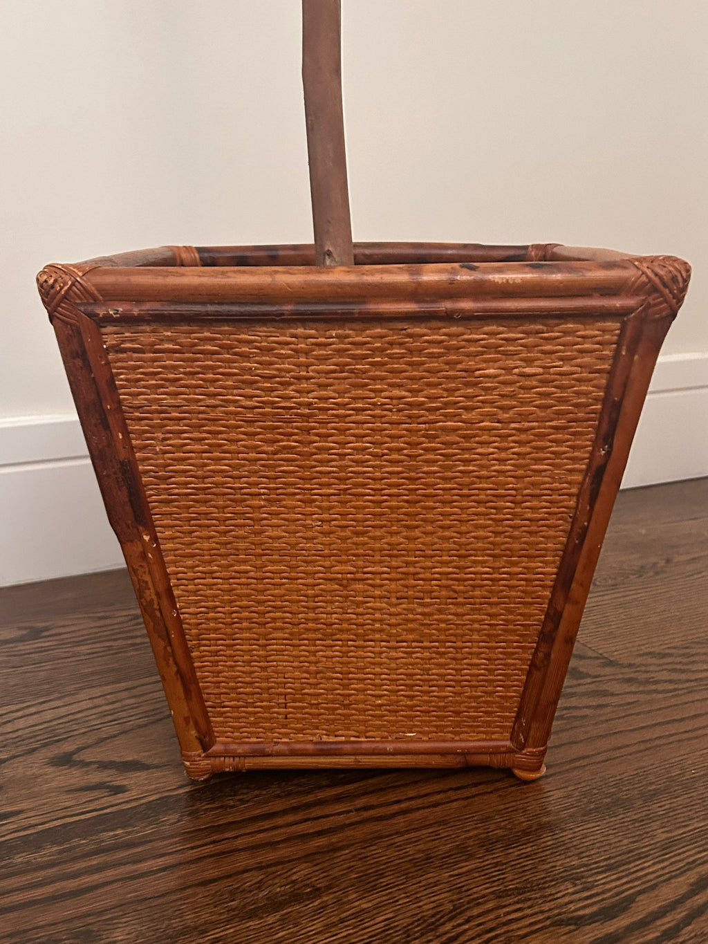 Vintage "Tortoise Shell" Faux Burnt Bamboo Planter / Wastebasket