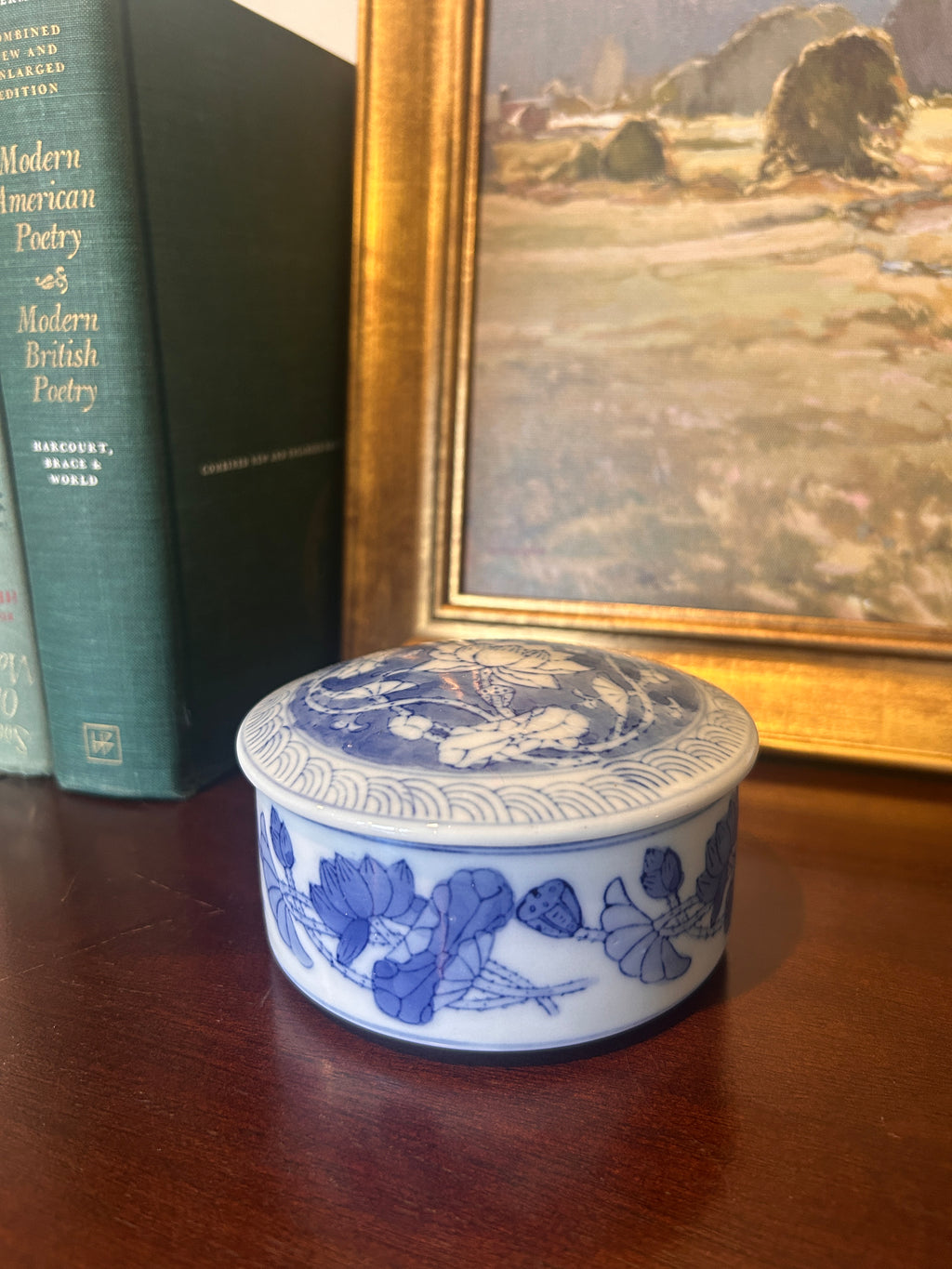 Vintage Blue and White Porcelain Floral Lidded Canister