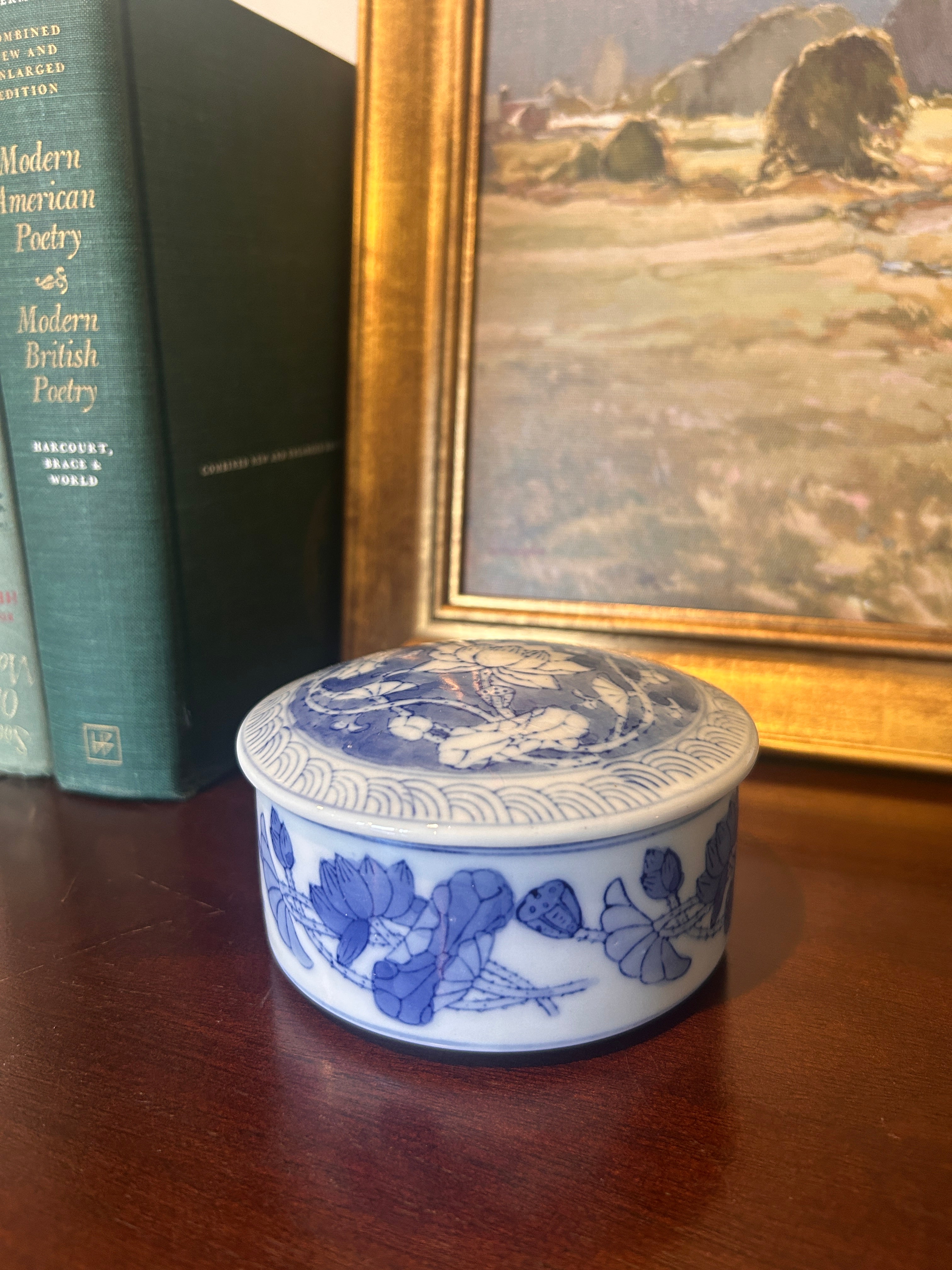 Vintage Blue and White Porcelain Floral Lidded Canister