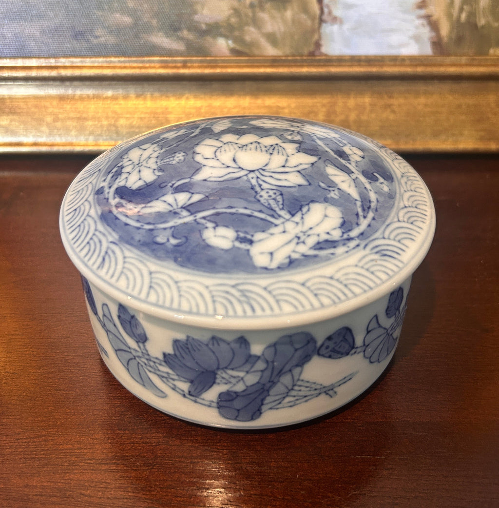 Vintage Blue and White Porcelain Floral Lidded Canister