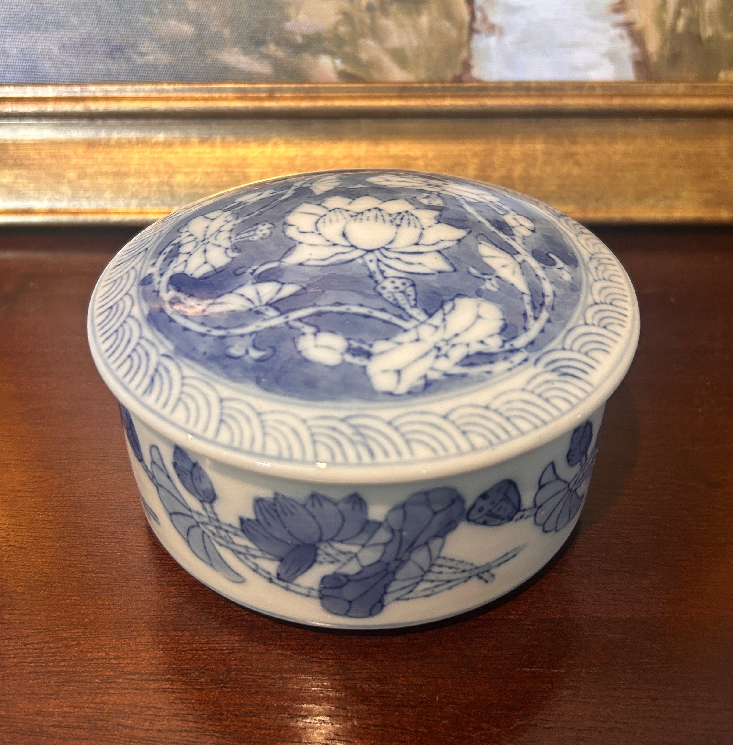 Vintage Blue and White Porcelain Floral Lidded Canister