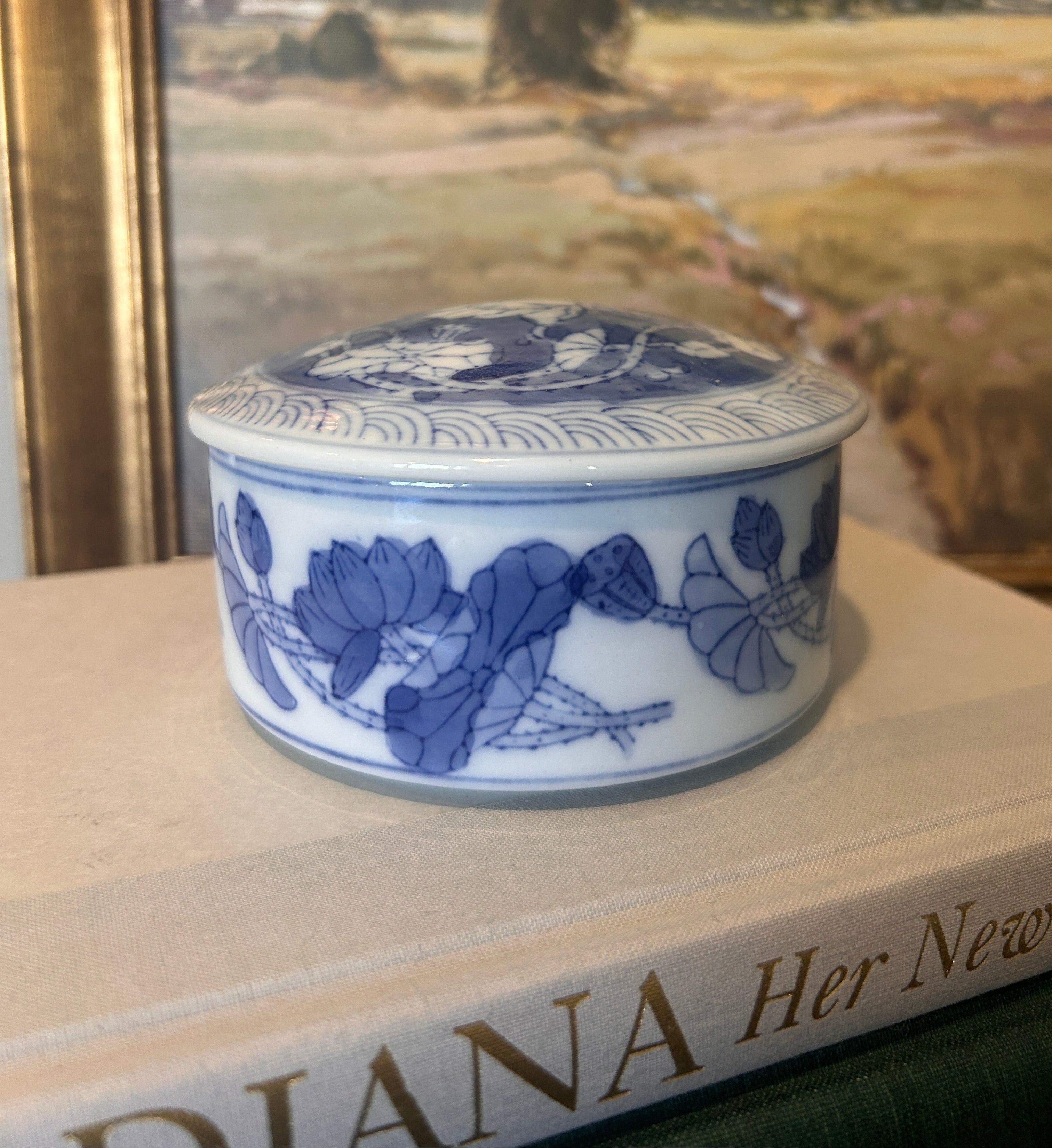 Vintage Blue and White Porcelain Floral Lidded Canister
