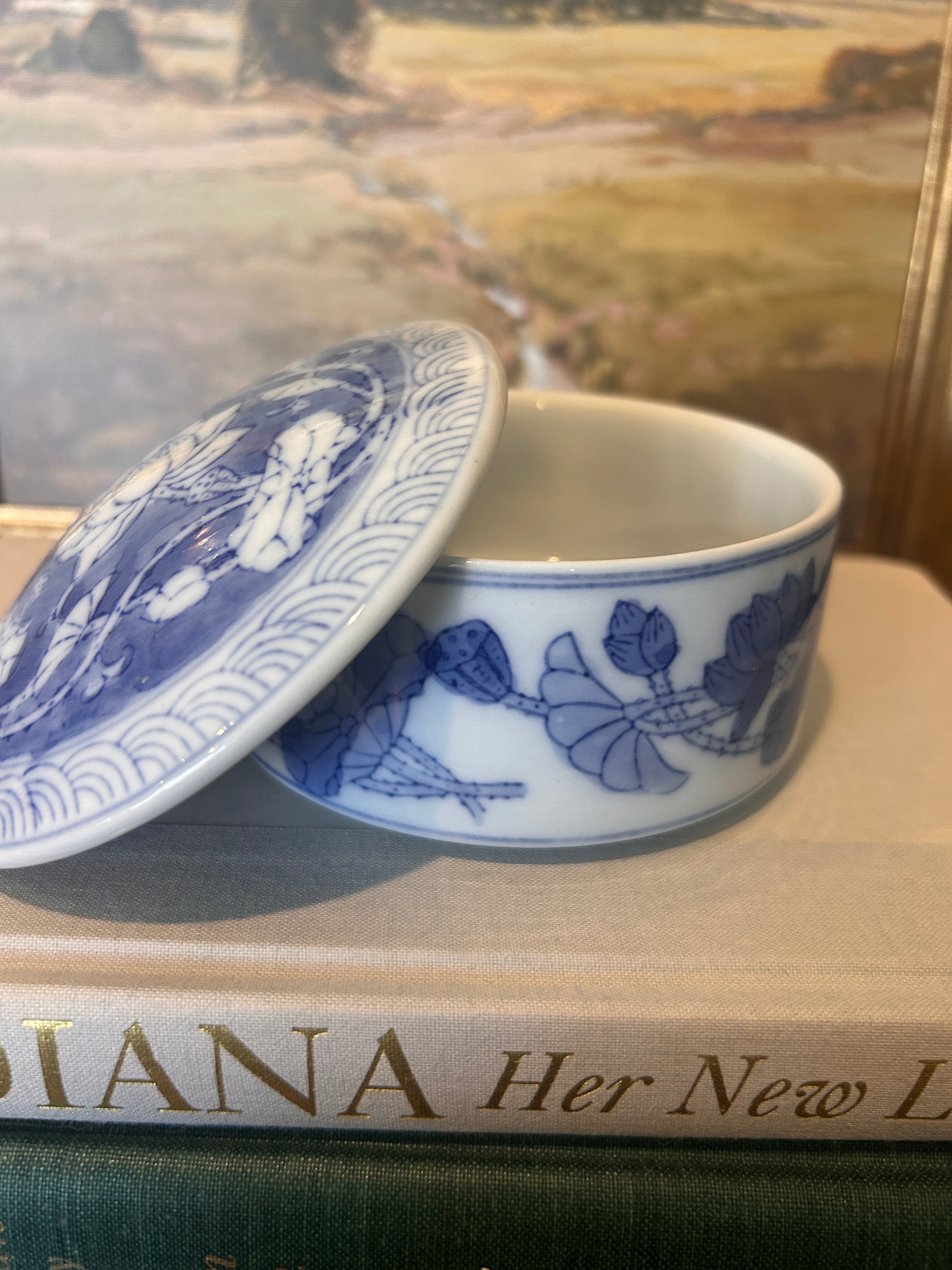 Vintage Blue and White Porcelain Floral Lidded Canister