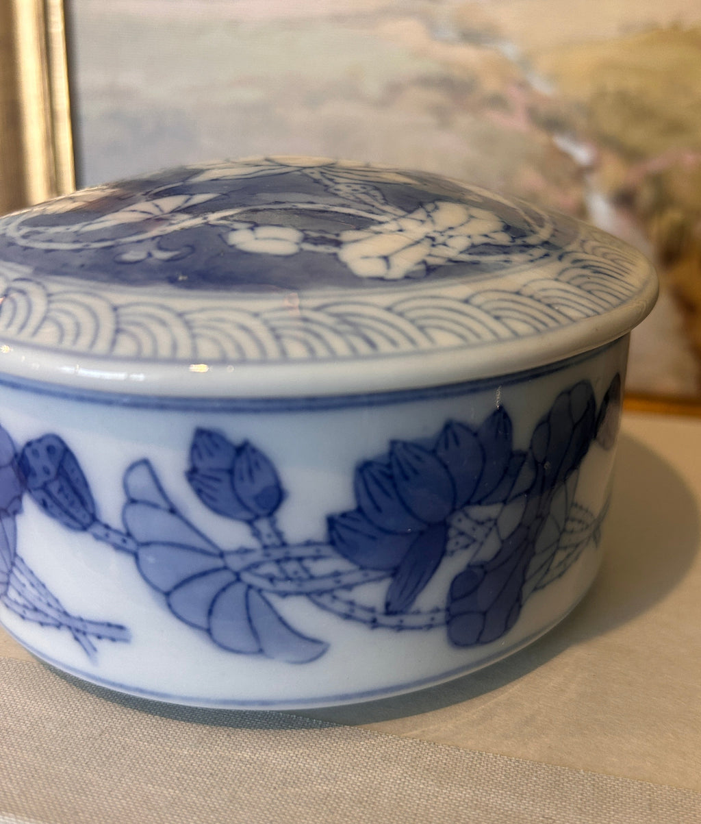 Vintage Blue and White Porcelain Floral Lidded Canister