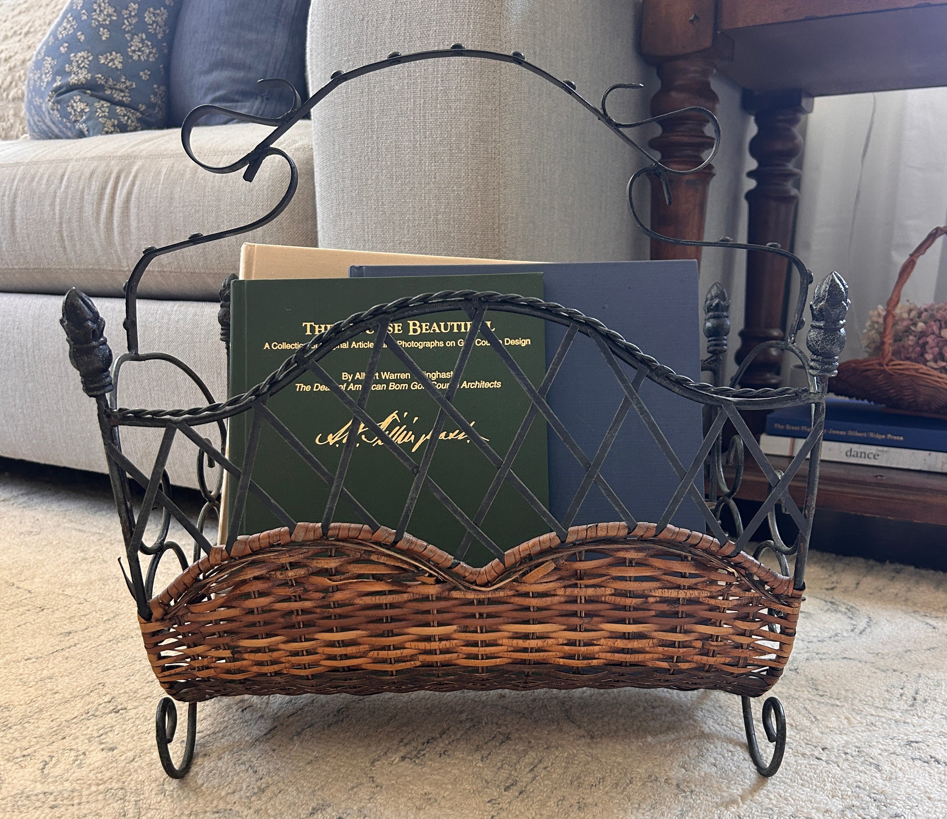 Vintage Metal and Woven Reed Magazine Rack