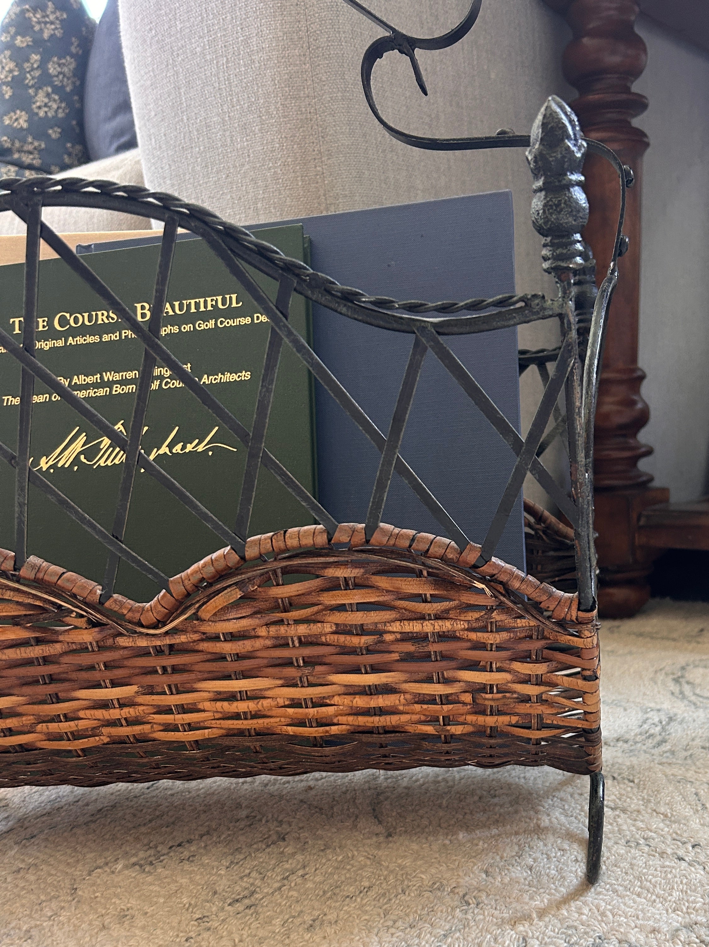 Vintage Metal and Woven Reed Magazine Rack