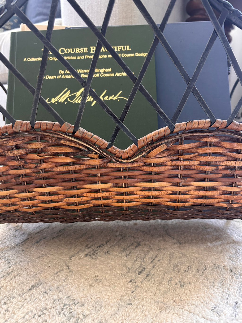 Vintage Metal and Woven Reed Magazine Rack