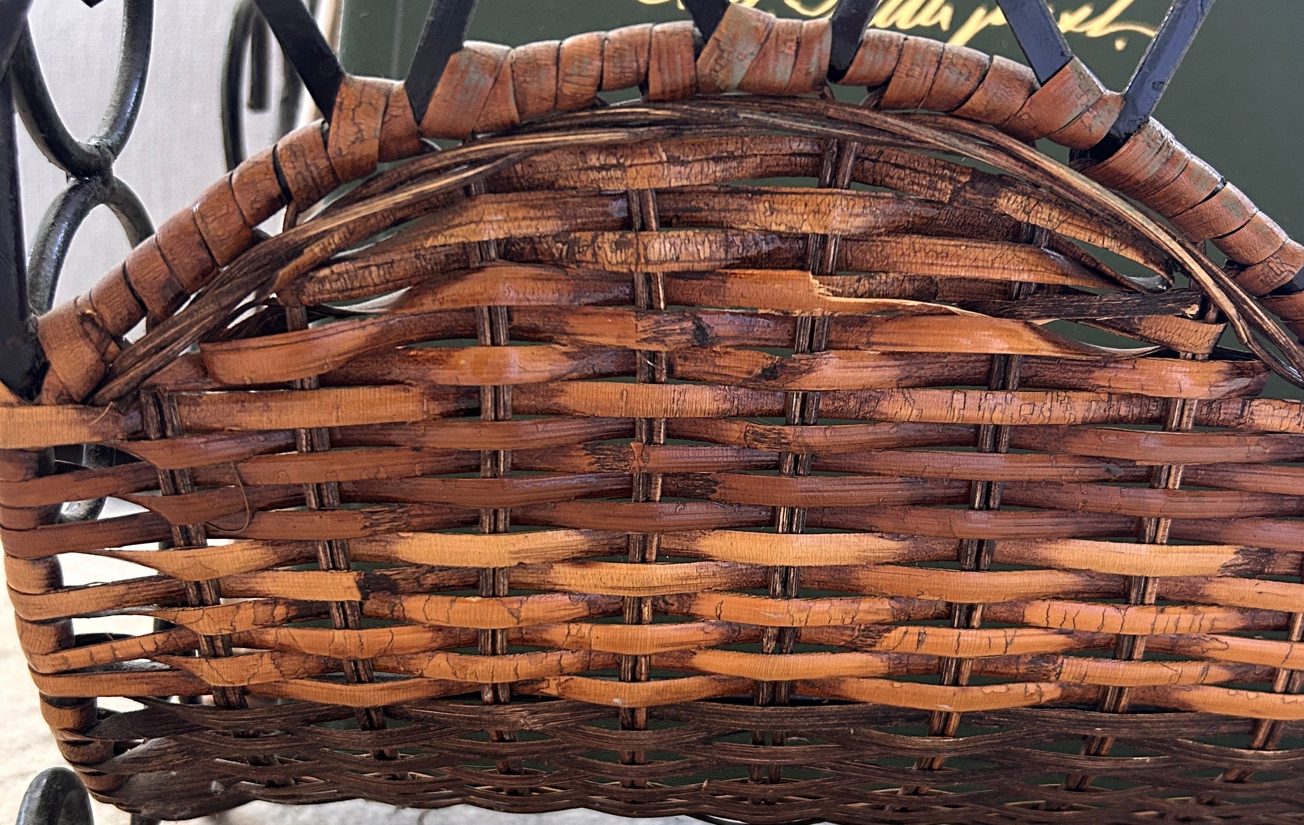 Vintage Metal and Woven Reed Magazine Rack