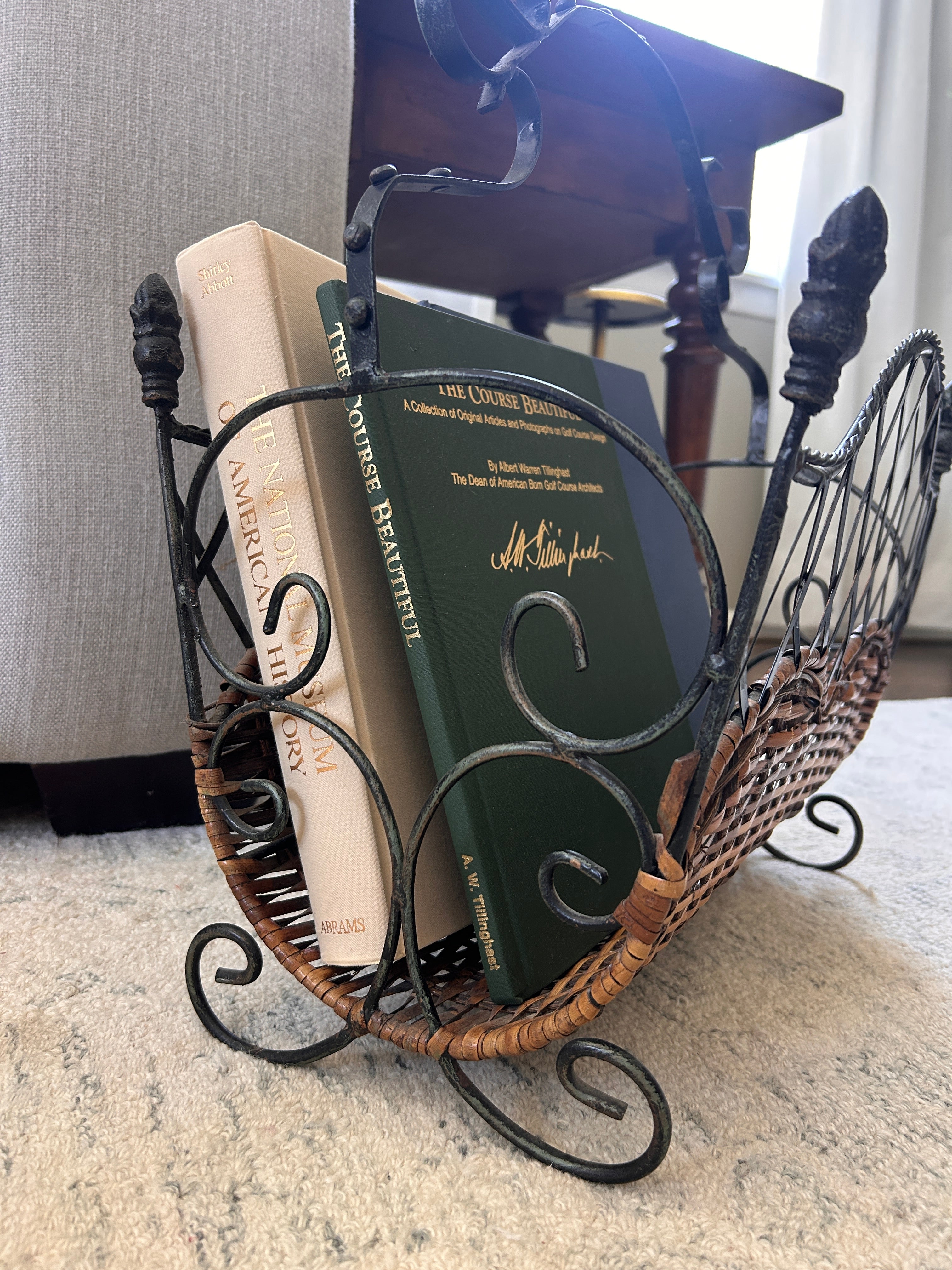 Vintage Metal and Woven Reed Magazine Rack