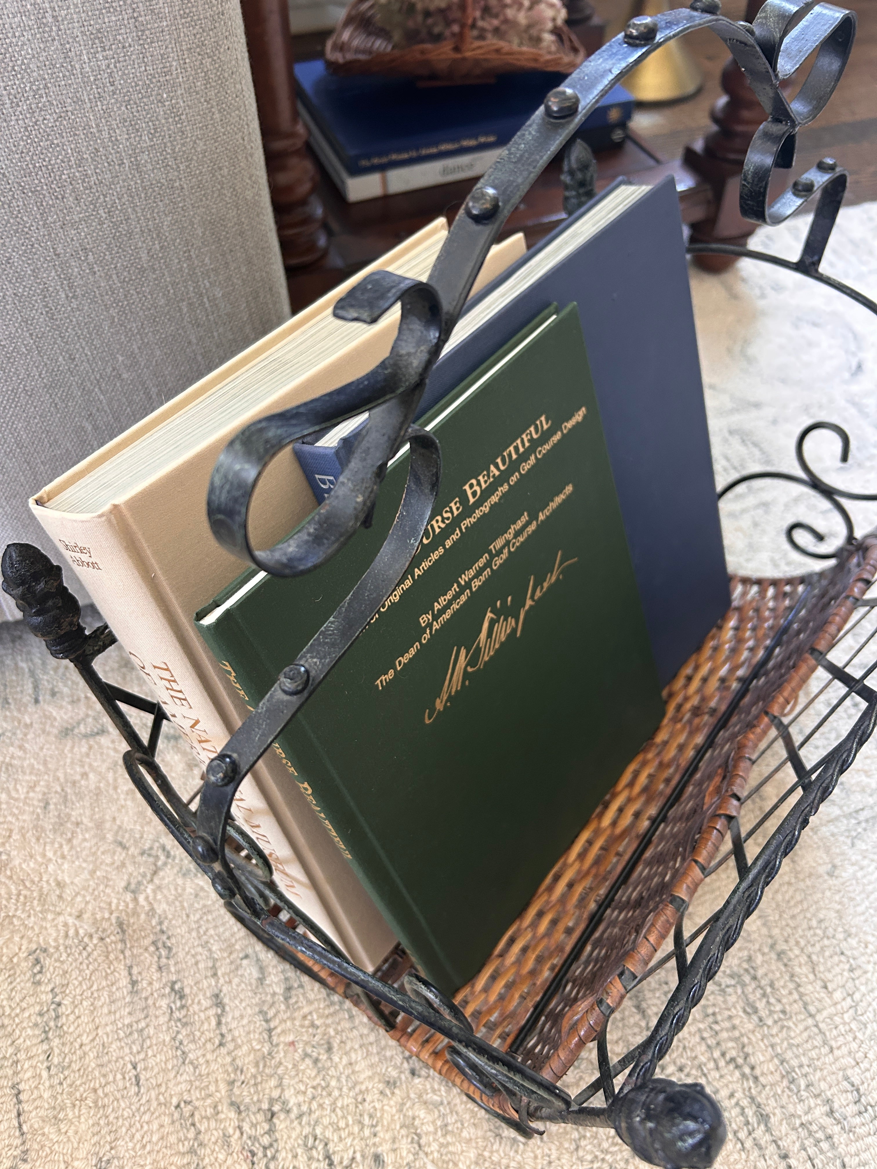 Vintage Metal and Woven Reed Magazine Rack