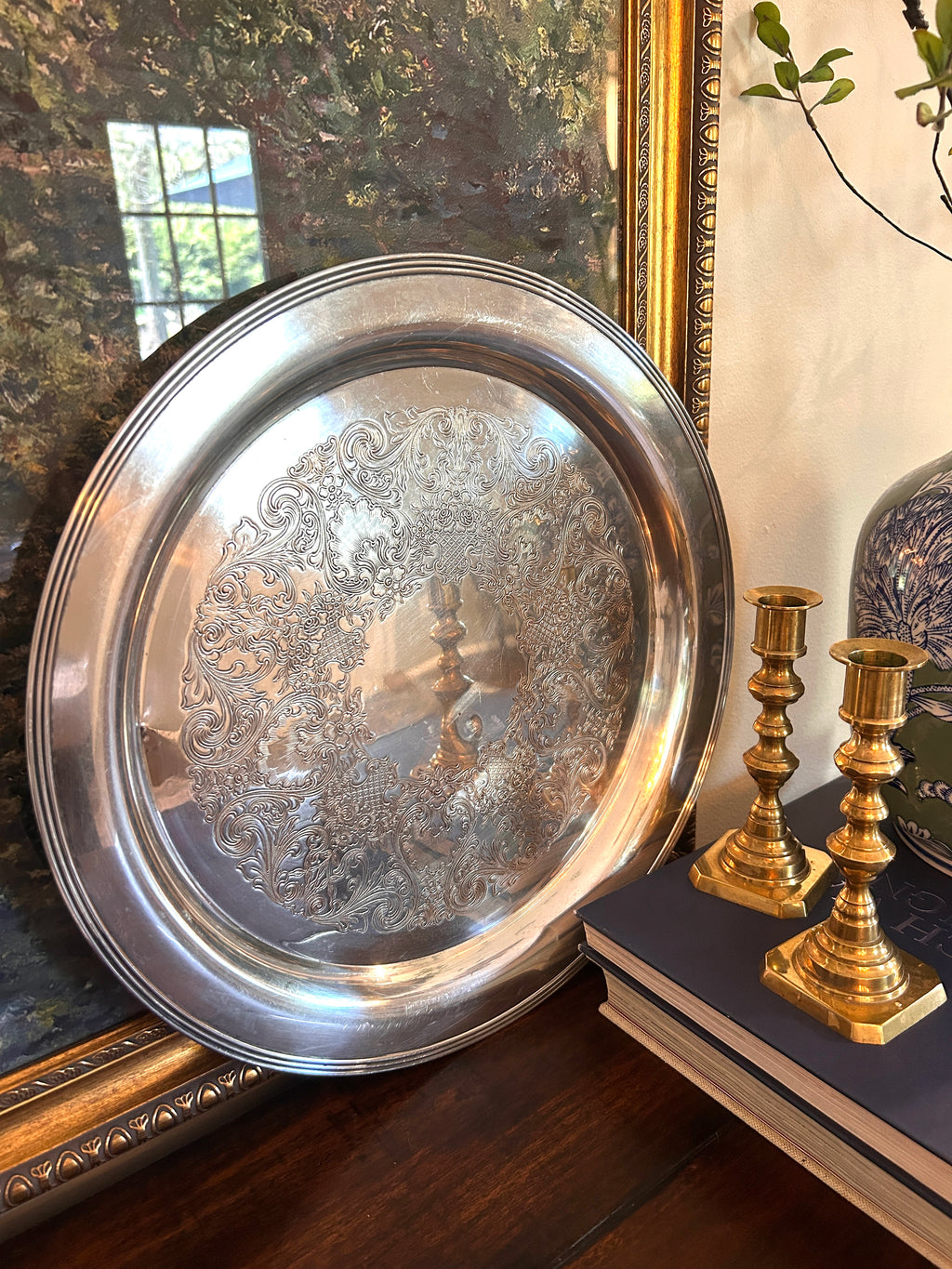 Vintage Engraved Silverplate Serving Tray