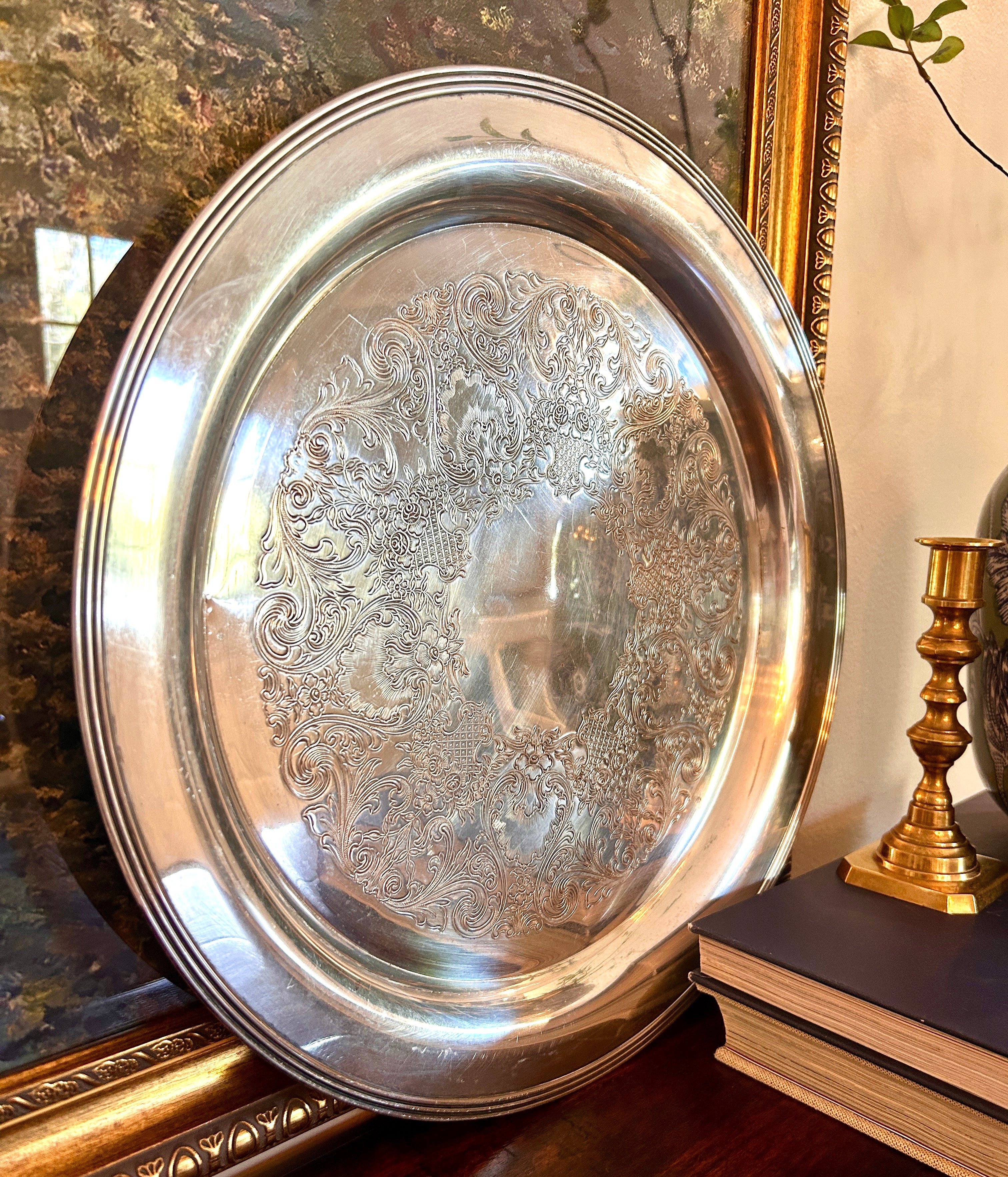 Vintage Large Engraved Silverplate Tray
