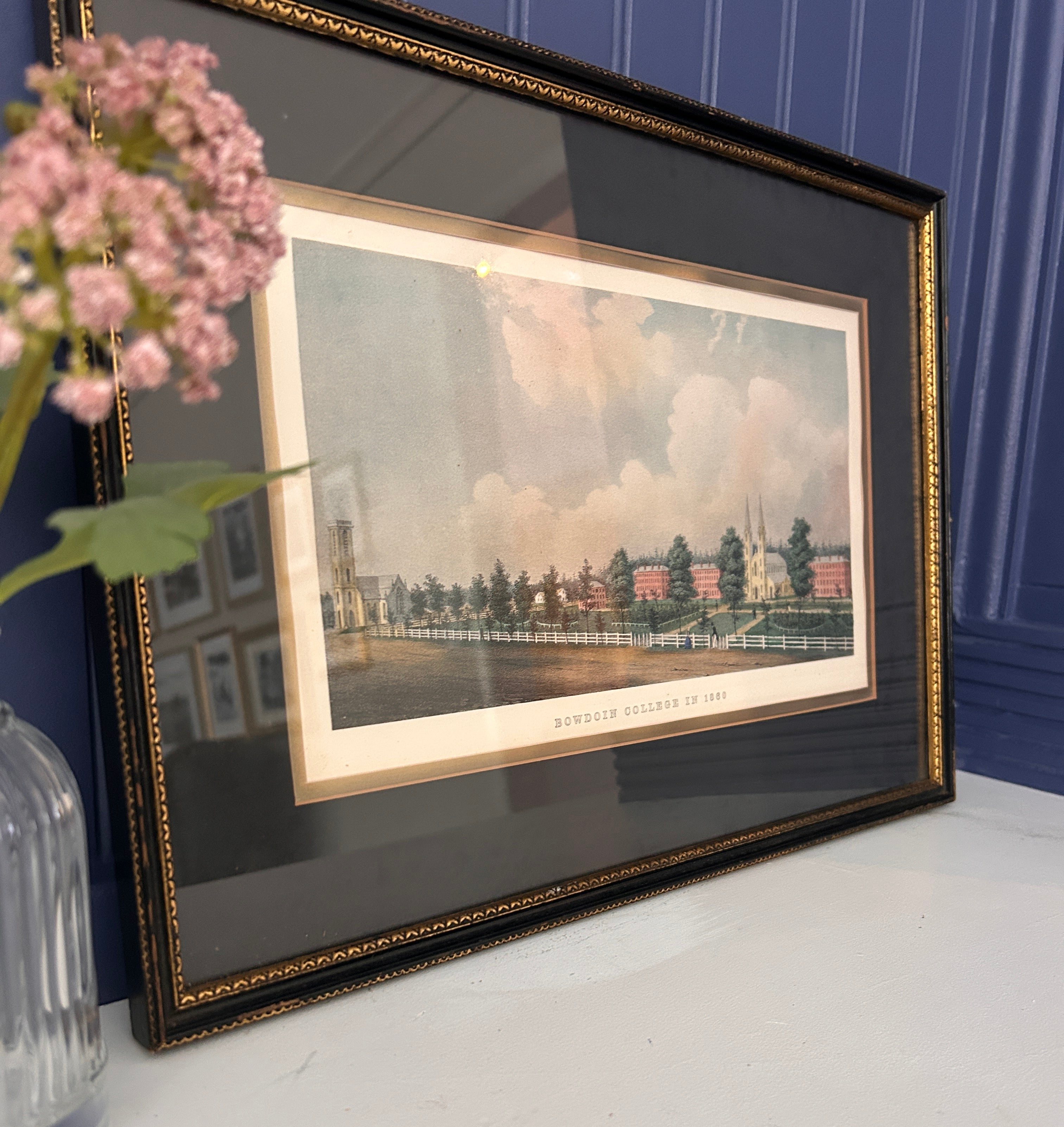 Vintage Hand-painted Print of Bowdoin College Library in Maine
