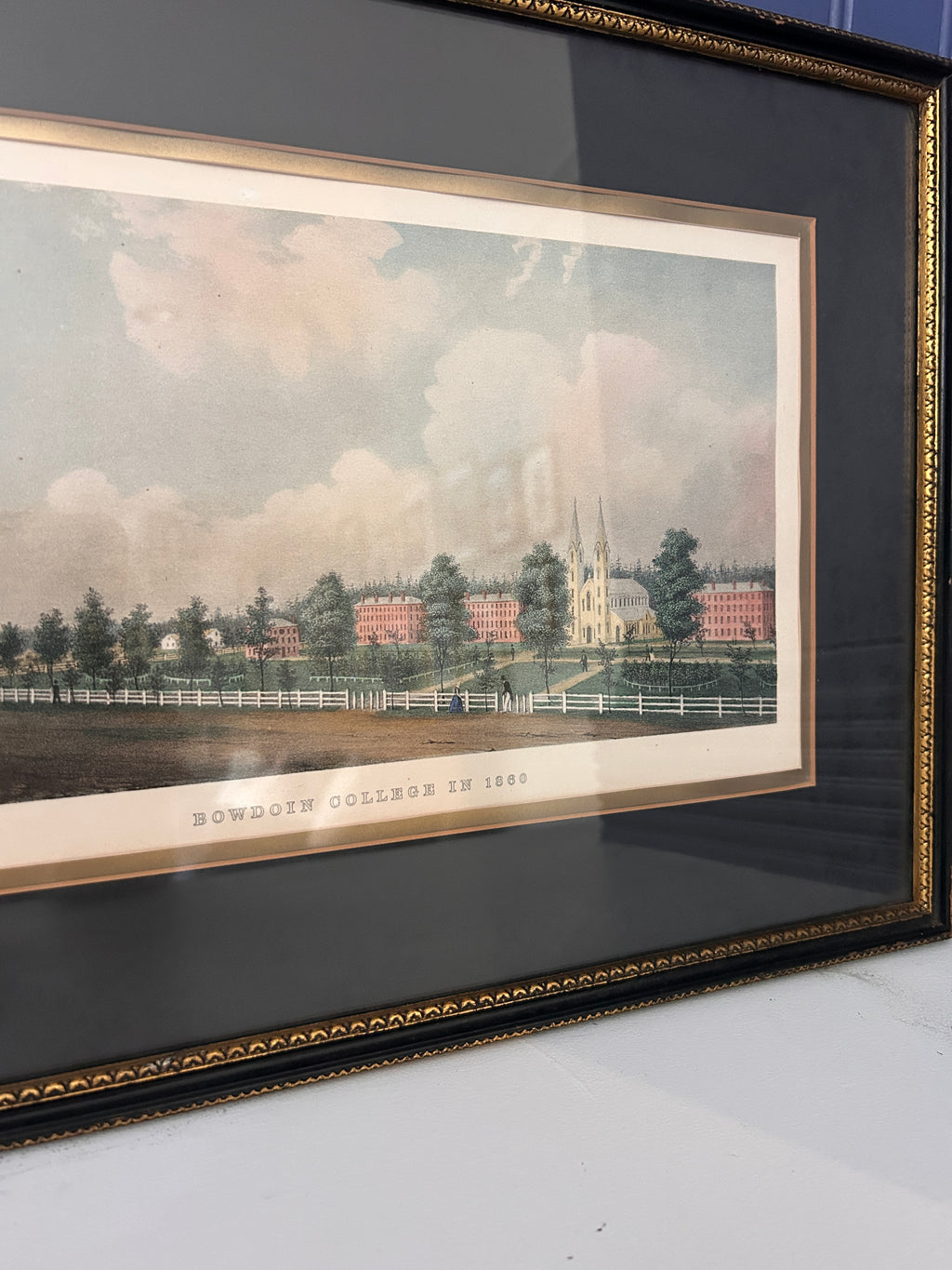 Vintage Hand-painted Print of Bowdoin College Library in Maine