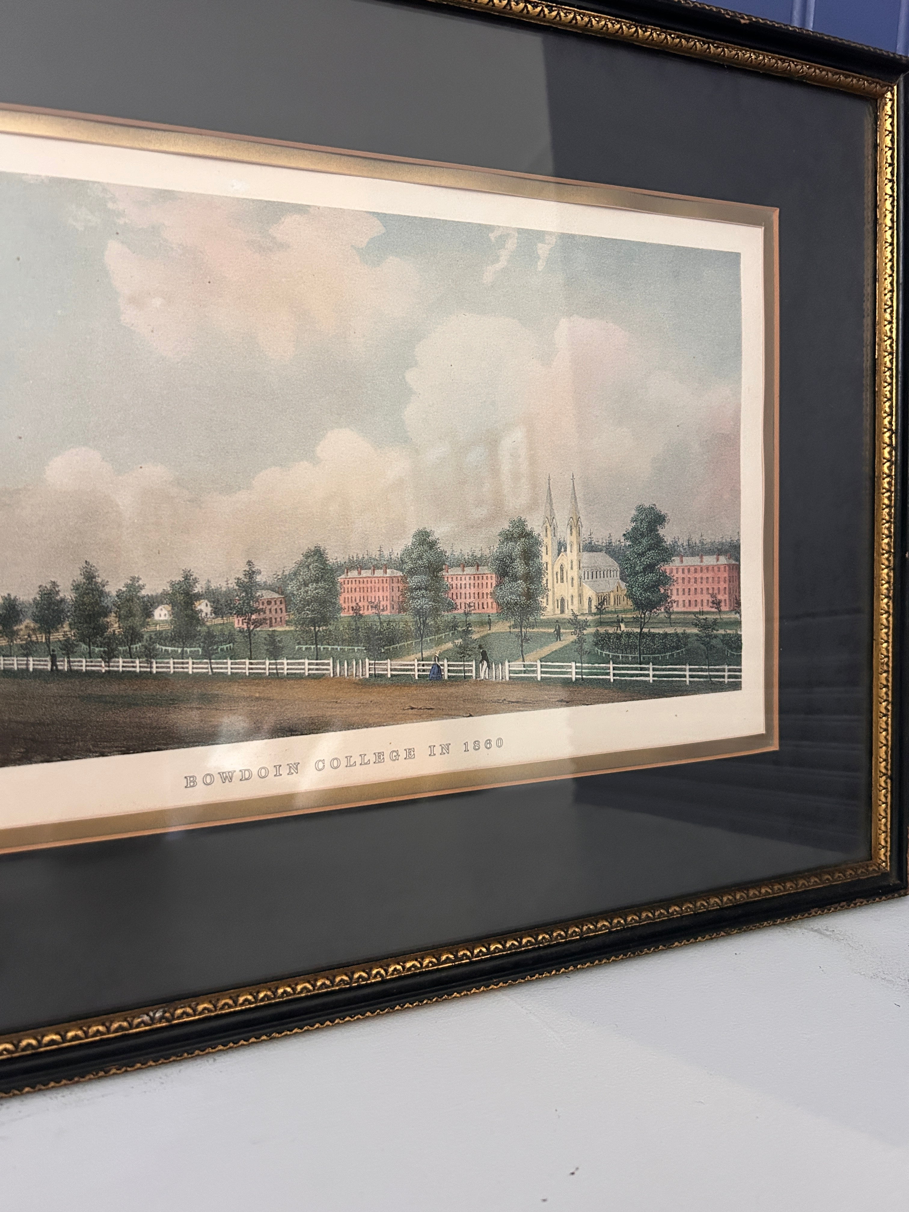 Vintage Hand-painted Print of Bowdoin College Library in Maine