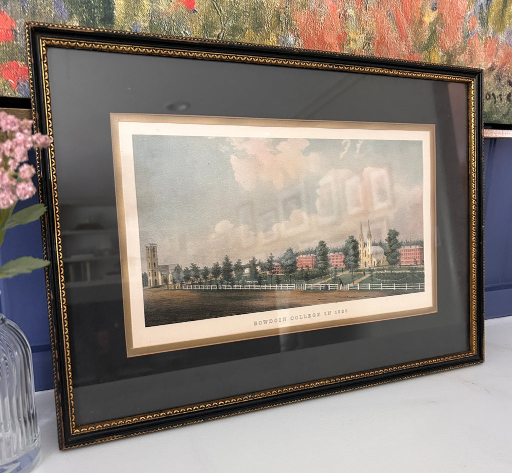 Vintage Hand-painted Print of Bowdoin College Library in Maine